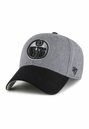 Graue und schwarze Baseballkappe mit dem aufgestickten Edmonton Oilers-Logo vorne und dem '47 Brand-Logo an der Seite.