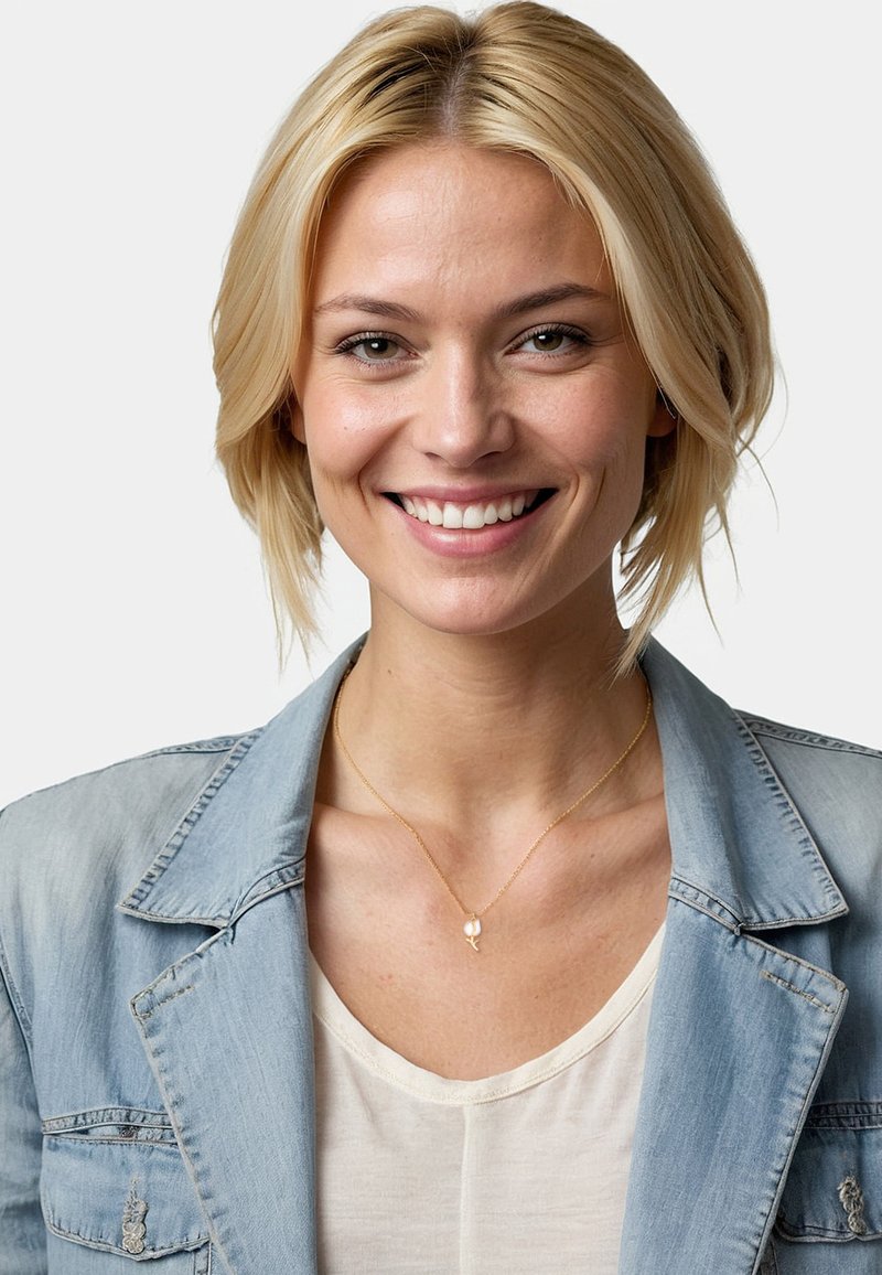 Gul vedhæng halskæde med minimalistisk design, der har en blad charme, båret over en lysefarvet skjorte og denimjakke.