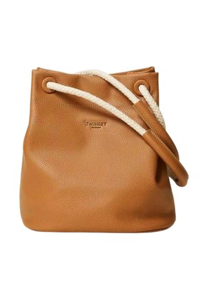 Borsa a sacco in pelle marrone con cinturini intrecciati bianchi e piccolo logo Twinset in rilievo sul davanti.