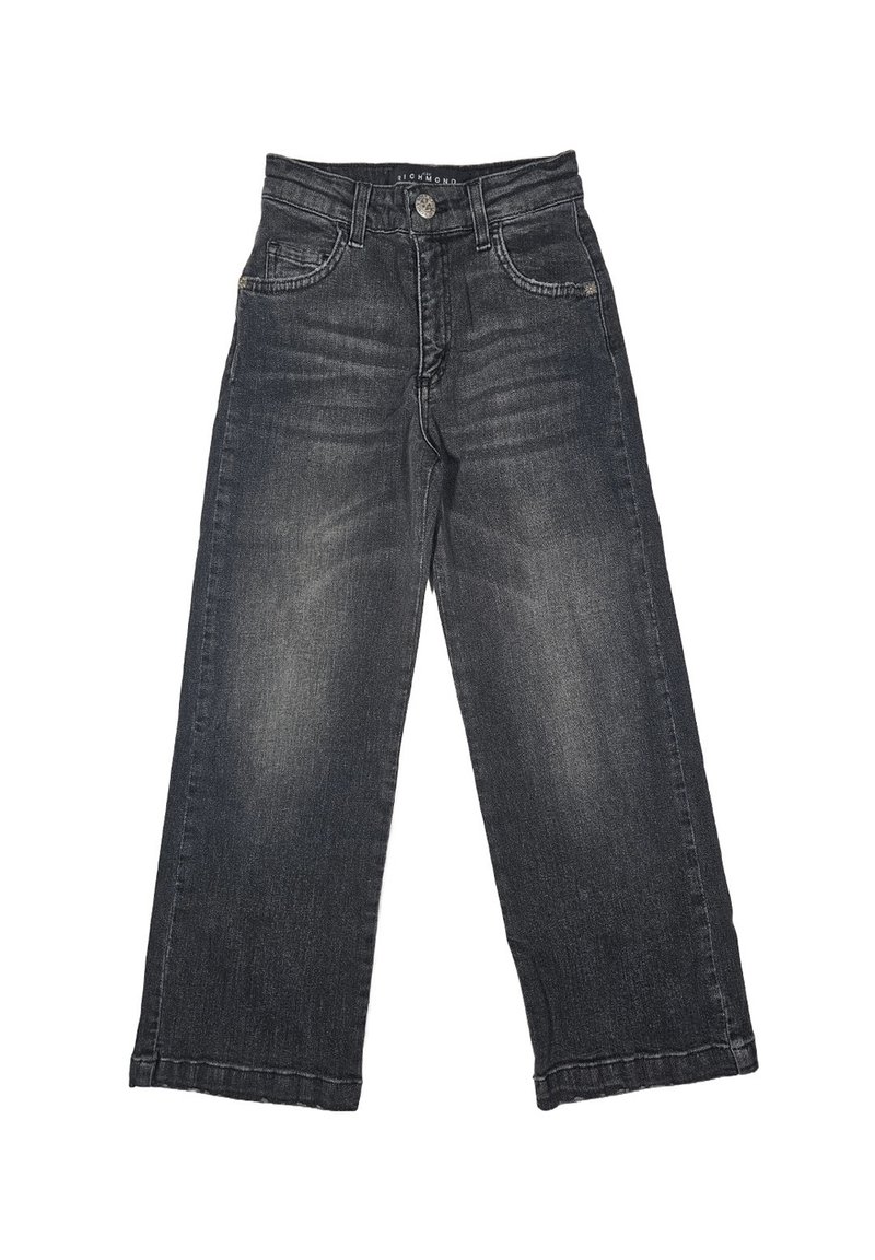 Jeans in denim nero con una vestibilità comoda, dotati di chiusura a bottone e zip, cinque tasche e una leggera scoloritura per aggiungere texture.
