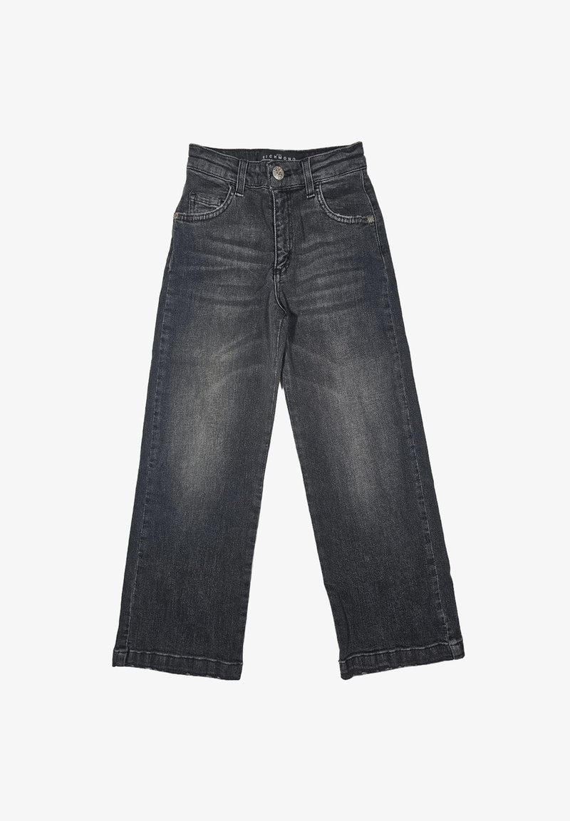 Jeans in denim nero con una vestibilità comoda, dotati di chiusura a bottone e zip, cinque tasche e una leggera scoloritura per aggiungere texture.