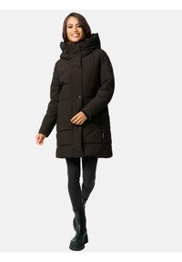 Black padded parka jacket with a high collar, snap buttons, and side zippers. Textured fabric with a quilted pattern and solid lining.