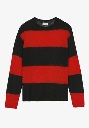 Pulover striat dintr-un material moale, cu dungi roșii și negre îndrăznețe. Gât rotund, mâneci lungi și croială relaxată. Fără accesorii sau detalii vizibile.