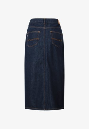 Dunkelblaue Jeansrock mit geradem Schnitt, Gesäßtaschen und kontrastierendem orangefarbenem Nähen. Verfügt über einen Taillenbund und ein knielanges Design.