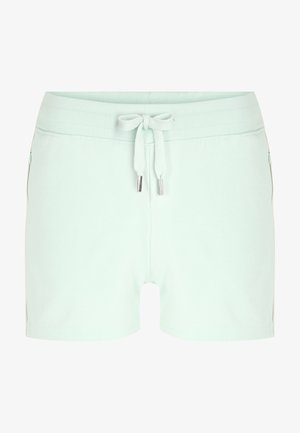 Helle mintgrüne Baumwollshorts mit einem Kordelzugbund, gerippter Textur und seitlichen Taschen, mit metallischen Akzenten am Kordelzug.