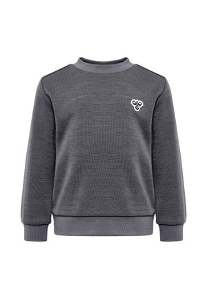 Grijze sweatshirt met een textuur, ronde hals en ribgebreide boorden. Heeft een klein bij-logo aan de bovenkant van de linkerkant.