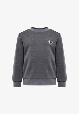 Grijze sweatshirt met een textuur, ronde hals en ribgebreide boorden. Heeft een klein bij-logo aan de bovenkant van de linkerkant.