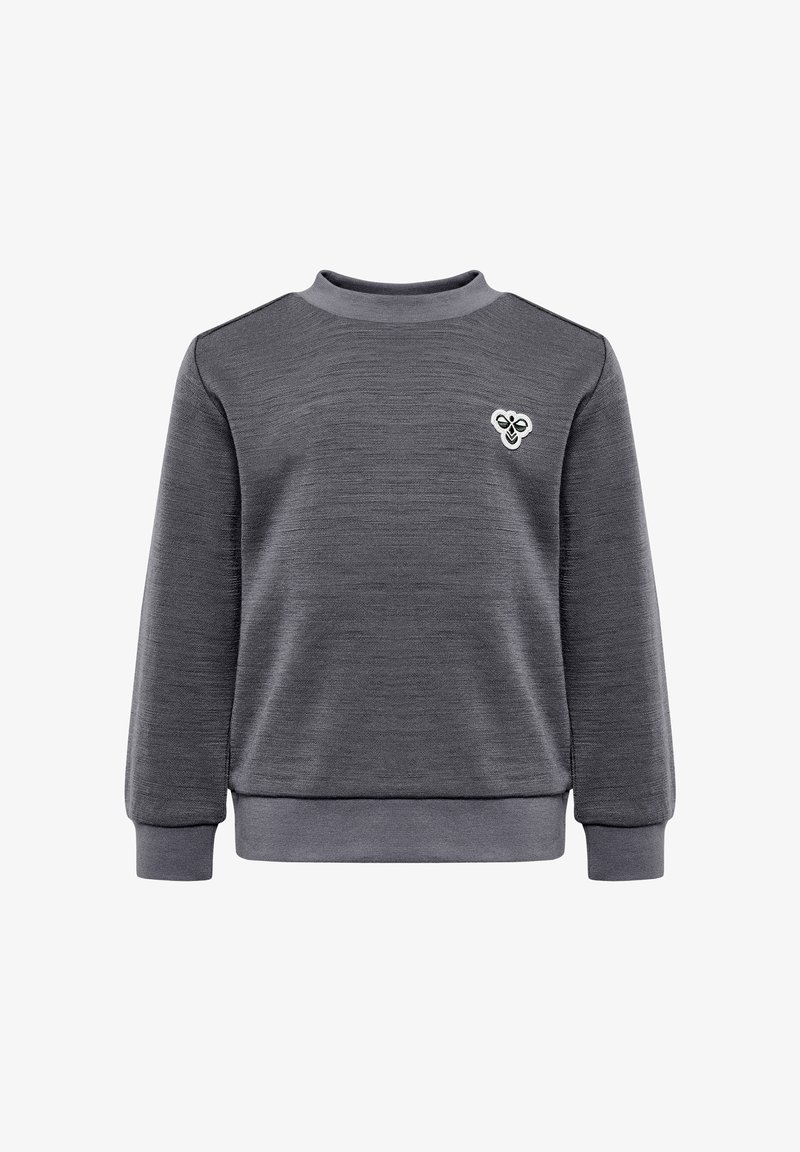 Grauer Sweatshirt mit einer strukturierten Oberfläche, Rundhalsausschnitt und gerippten Bündchen. Verfügt über ein kleines Bienenlogo auf der oberen linken Seite.