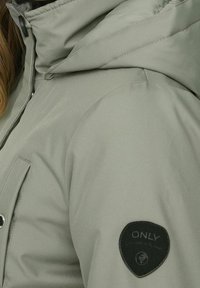 Ljusgrön isolerad jacka med dragkedja framtill, justerbar huva och en svart tyglogotyp på ärmen. Slät textur.