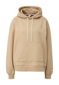 Bež kapuutsiga sweatshirt, mis on valmistatud pehmest materjalist, millel on tasku ees, valged nöörid ja ribakujundusega mansetid, millel on tekst üksiku varruka peal.