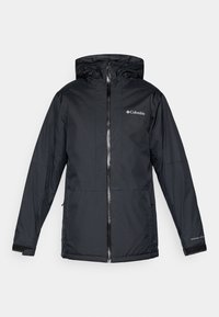 Black Columbia waterproof hooded jacket with front zipper, adjustable cuffs, and logo on chest and sleeve.
