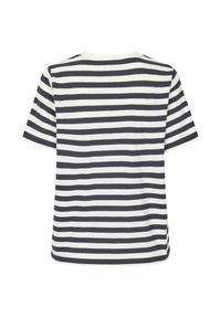 Marinblå och vit randig t-shirt, kortärmad, rund halsringning, mjukt bomullstyg, bakvy, rak fåll, avslappnad design.