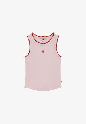 Top roz fără mâneci, din material côtelat, cu margine roșie ondulată și un mic grafic cu soare roșu, centrat sub decolteu.