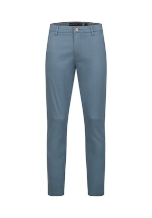 Lyseblå chinos med en glatt tekstur, smal passform og standard liv. Har knappelukking og beltehemper.