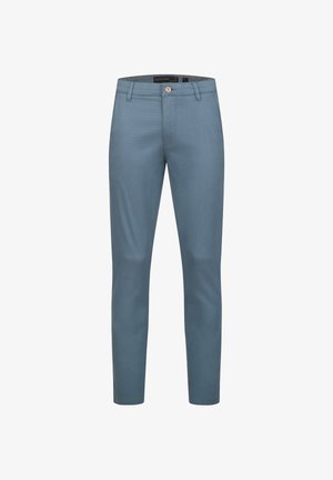 Light blue chinos with a smooth texture, slim fit, and a standard waistband. Features a button closure and belt loops.