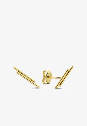 Goldene Ohrringe mit einem minimalistischen Design, bestehend aus zwei verlängerten Stäben und einem runden Stecker. Glatte Oberfläche mit glänzendem Finish.