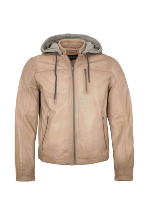 Beige Lederjacke mit Frontreißverschluss, grauer Kapuze mit Kordelzug, Reißverschlusstasche auf der Brust und zwei seitlichen Reißverschlusstaschen.