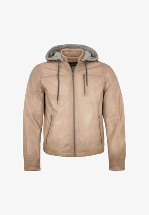 Beige Lederjacke mit Frontreißverschluss, grauer Kapuze mit Kordelzug, Reißverschlusstasche auf der Brust und zwei seitlichen Reißverschlusstaschen.