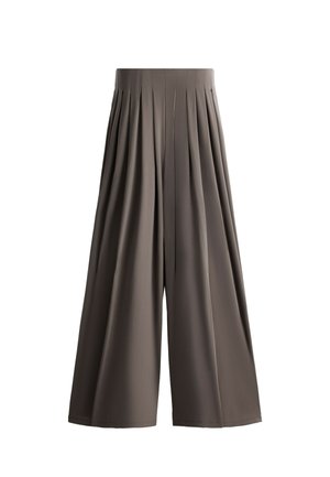 Pantalon taille haute, jambes larges avec plis verticaux, en tissu gris foncé, présenté sur fond blanc.