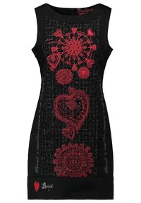 Svart ärmlös klänning med röda broderade hjärtan och cirkulära mönster, med texten "annorlunda är vackert" längs sidorna.