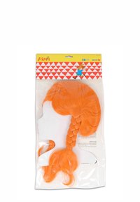Orange syntetisk perruque med en flettet design, glat tekstur og lange, løse stråler. Pakket med en hvid papbaggrund.