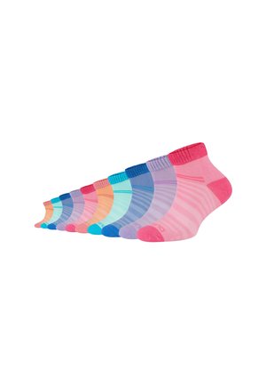 Bunte Knöchel-Socken in verschiedenen Farbtönen, darunter Pink, Blau, Lila und Minze. Jede Socke hat ein kontrastierendes Streifenmuster und gerippte Bündchen.