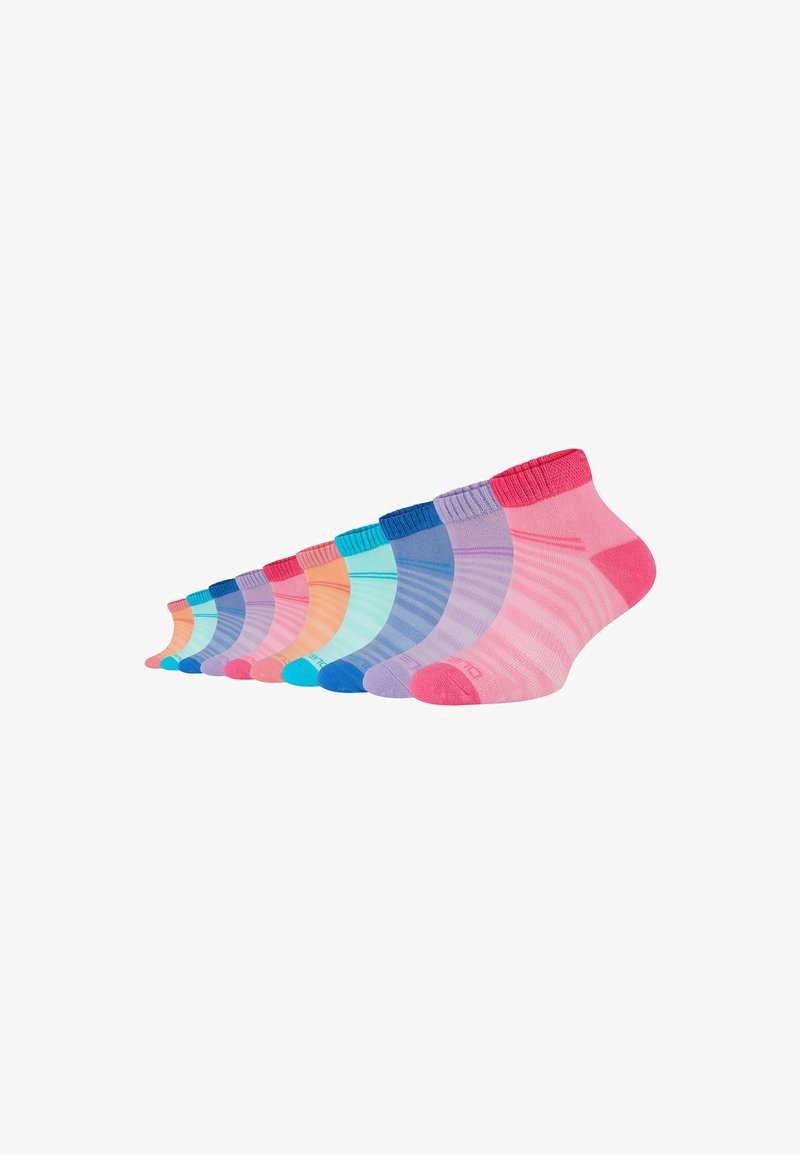 Kolorowe skarpetki do kostki w różnych odcieniach, w tym różowym, niebieskim, fioletowym i miętowym. Każda z nich ma kontrastujący wzór w paski i ściągacze.