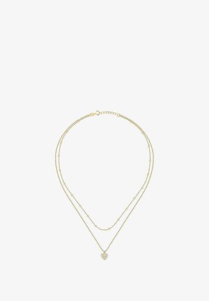 Guldtonet lagdelt halskæde med delikate kæder med cirkulære link og en hjerteformet vedhæng prydet med små krystaller.