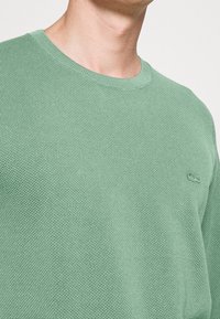 Jasnozielony sweter z dzianiny z okrągłym dekoltem i teksturowaną powierzchnią. Na piersi znajduje się małe haftowane logo.