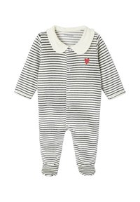 Gestreiftes Einteiler in Creme und Marineblau, mit einem Rüschenausschnitt, Druckknöpfen und einem kleinen roten Herzakzent auf der Brust. Weicher Stoff.