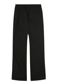 Black wide-leg pants made from lightweight fabric, featuring an elastic waistband and a back pocket. Smooth texture with no visible patterns.