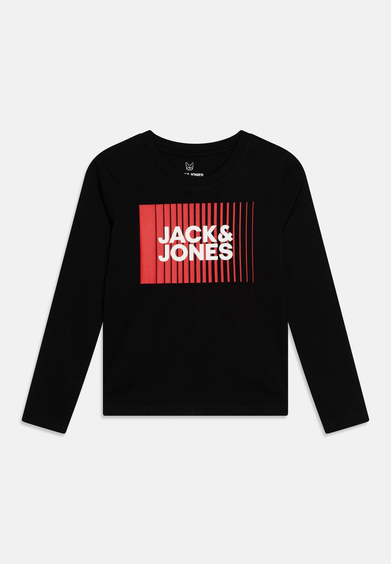 Juodas ilgomis rankovėmis marškinėliai su drąsiu raudonu ir baltu grafiniu dizainu, kuriame užrašas "JACK&JONES" ir vertikalios juostelės. Pagaminta iš medvilnės.