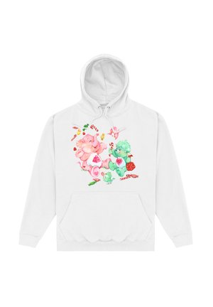 Biała bluza z kapturem z kolorowym, kreskówkowym nadrukiem zwierząt, słodyczy i owoców, podkreślająca różowe i zielone odcienie z fantazyjnymi detalami.