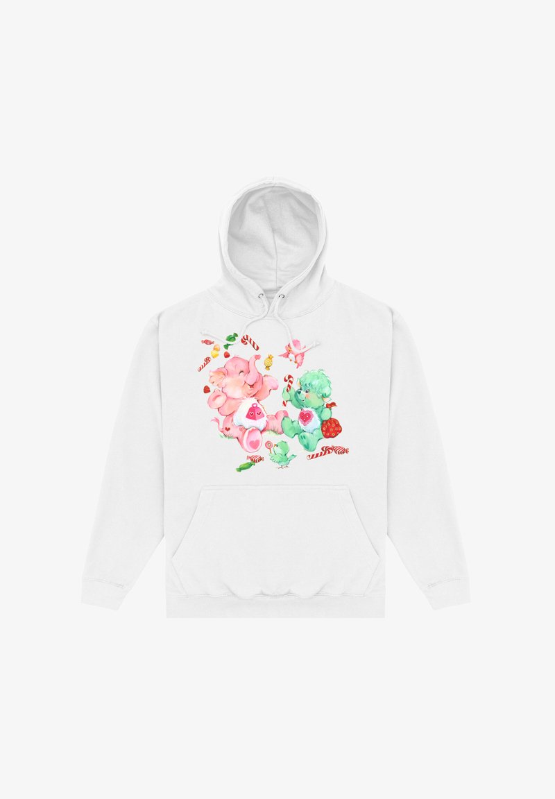Biała bluza z kapturem z kolorowym, kreskówkowym nadrukiem zwierząt, słodyczy i owoców, podkreślająca różowe i zielone odcienie z fantazyjnymi detalami.