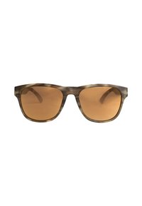 Brown-tinted sunglasses with a semi-transparent olive green frame. Square design with smooth edges and wide temples.