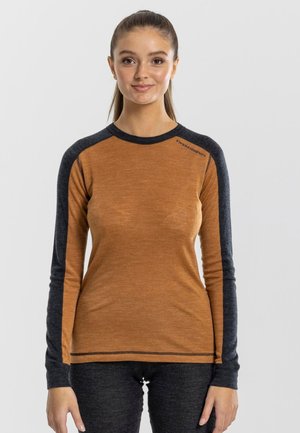 Long-sleeve top featuring a brown body with dark gray sleeves and accents, made from textured fabric. Upper left shoulder displays logo.