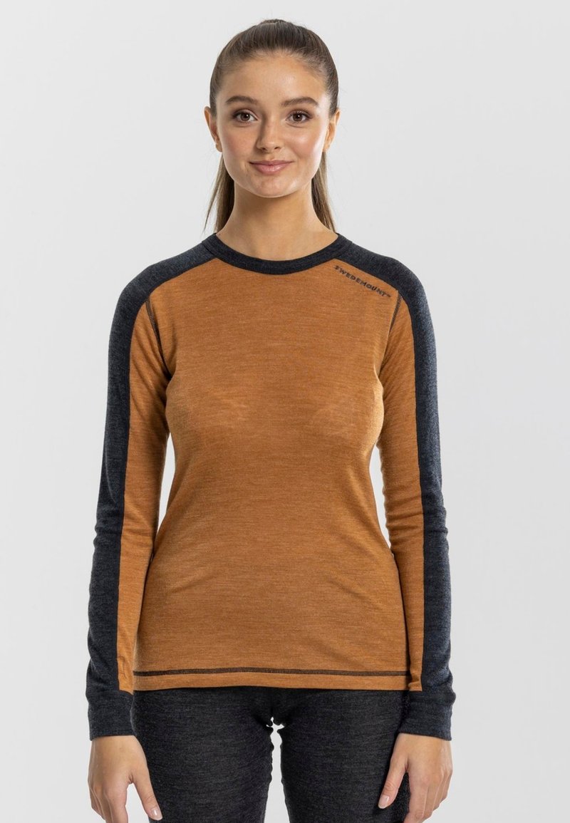 Long-sleeve top featuring a brown body with dark gray sleeves and accents, made from textured fabric. Upper left shoulder displays logo.