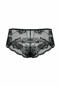 Czarne koronkowe majtki z kwiatowym wzorem, falbankowymi krawędziami i przezroczystą siateczką. Elastyczna talia zapewniająca wygodę i swobodę ruchów.