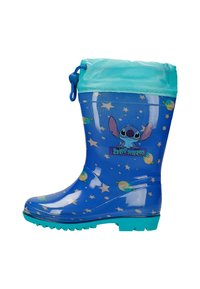 Modré gumové holínky s tyrkysovým vrškem, zdobené kreslenou postavičkou a vzory planet. Krátká podrážka s drážkami pro lepší trakci.