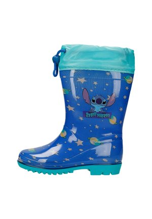 Modré gumové holínky s tyrkysovým vrškem, zdobené kreslenou postavičkou a vzory planet. Krátká podrážka s drážkami pro lepší trakci.