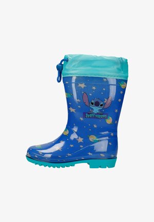 Blauwe rubberen regenlaarzen met een turkooise bovenkant, versierd met een cartoonfiguur en planetenpatronen. Korte, geprofileerde zool voor grip.