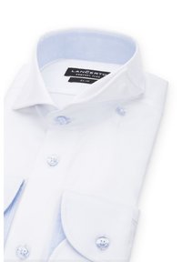 Biała koszula o dopasowanym kroju, z jasnoniebieską, w kratkę podszewką kołnierza i mankietów. Zawiera białe guziki i gładką teksturę.