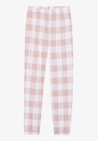 Pyjamasbukser med elastisk talje, lavet af letvægtsstof, med et stort rosa og hvidt ternet mønster.
