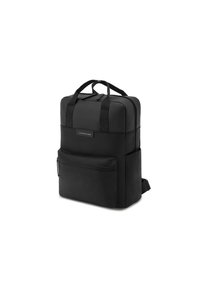 Zaino nero di forma rettangolare, realizzato in tessuto resistente, dotato di maniglie superiori, spallacci regolabili e una tasca frontale con zip.