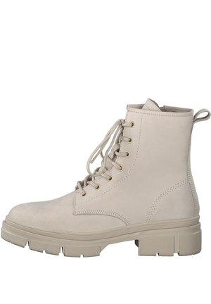 Beige Ankle Boots aus Wildleder mit einer robusten Gummisohle, runder Zehenform und Schnürdesign. Mit einem Zugschlaufe an der Ferse.