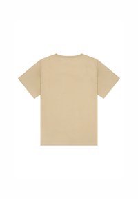 Camiseta de algodón beige, de manga corta, con cuello redondo, presenta un diseño liso sin gráficos ni adornos, con una textura suave.