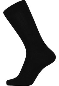 Black cotton sock with a smooth texture, knee-high design, and reinforced toe. No patterns or visible hardware present.