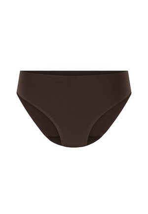 Braune nahtlose Damenslips im Bikini-Stil mit einem glatten Bund und ohne sichtbare Muster oder Verzierungen.