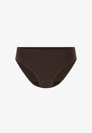 Bruine naadloze dames bikini-onderbroek met een gladde tailleband en zonder zichtbare patronen of versieringen.