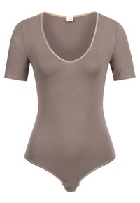 Kortebloes met korte mouwen in taupe met een diepe V-hals en beige rand. Gemaakt van zachte, rekbare stof. Strak aansluitend ontwerp met een drukknoopsluiting.